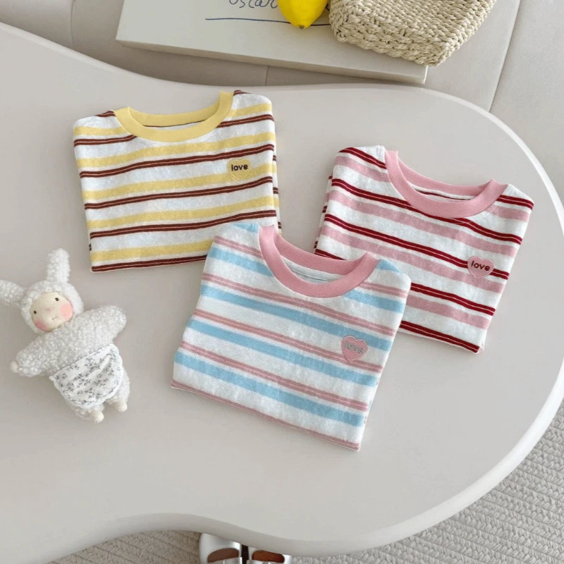 Girls Clothes Summer New Top 1-5 Years Children Pink Striped Round Neck T-shirt Fashion Casual Short Sleeve Color Blocked - 3