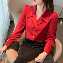 

Retro Hong Kong Style Red Top Women Puff Sleeves Long-sleeved Shirt Female Camisas De Mujer Blusas Mujer De Moda 2022 Verano