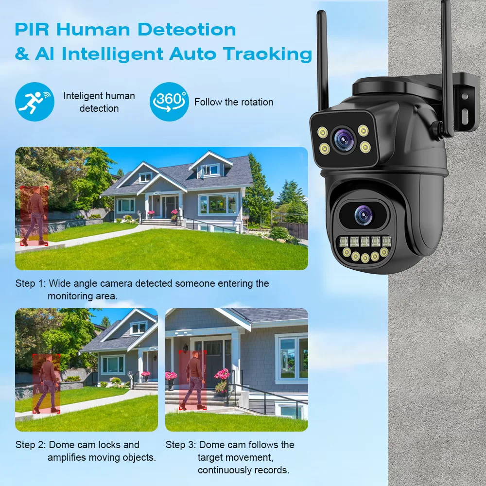 4K 8MP Dual Lens Dual Screen IP Camera Wifi PTZ Camera Outdoor 4MP AI Auto Tracking CCTV HD Audio Video Surveillance P2P iCSee 5