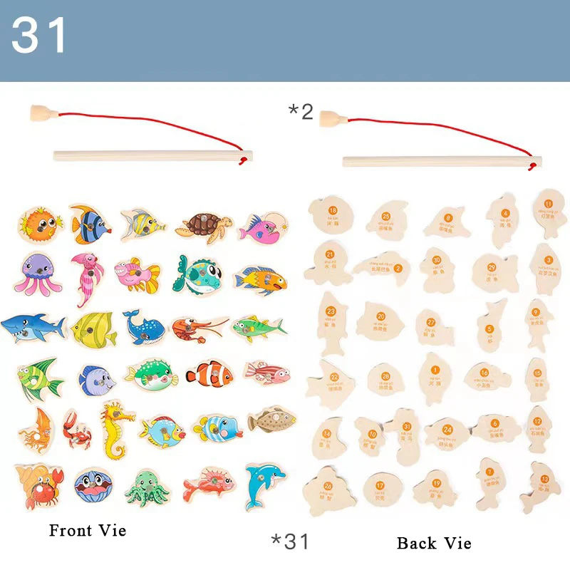 Wooden Fishing Toys For Children Magnetic Marine Life Cognition Fish Games Parent-Child Interactive Educational wooden toy