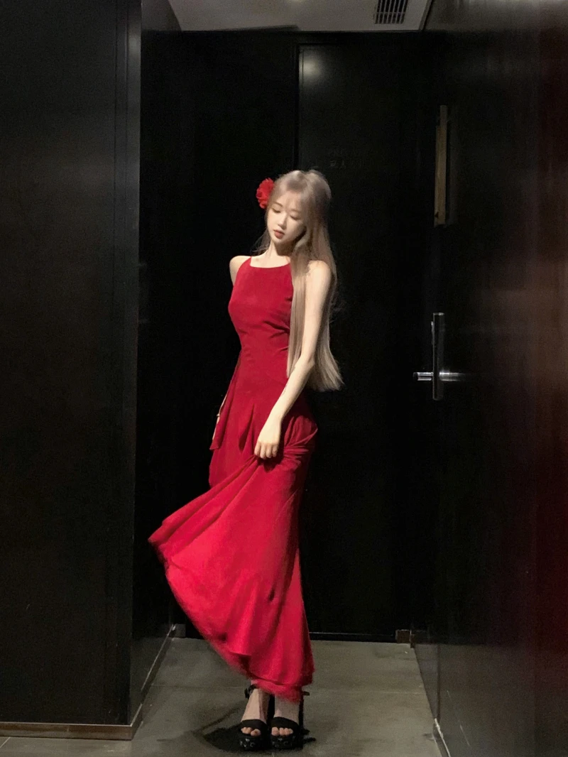 Y2K Red Irregular Womens Dresses Sexy Spaghetti Strap Sleeveless Ruffles Birthday Party Dress Summer Slim Casual Vestidos Mujer