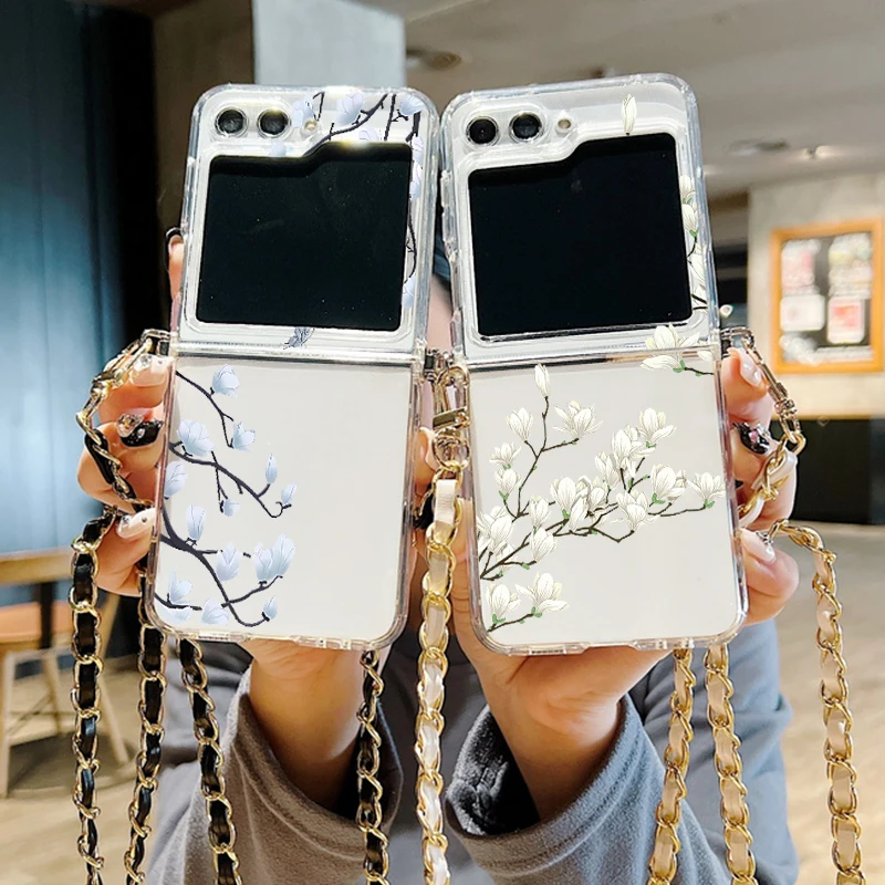 Silikonski ovitek s cvetličnim potiskom za Samsung Galaxy Z Flip 6 5 4 3 5G, zložljiv, z mehko kovinsko vrvico za Samsung Z Flip5._voghion.com