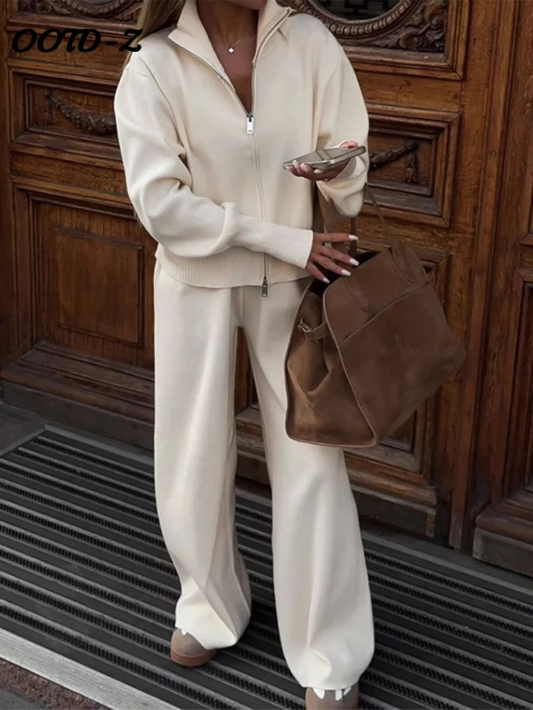 Casual Knit Women Coat Pant Set 2025 White Lantern Full Sleeve Coats Female Sets Spring Sport Wide Leg Lady Trousers Suit