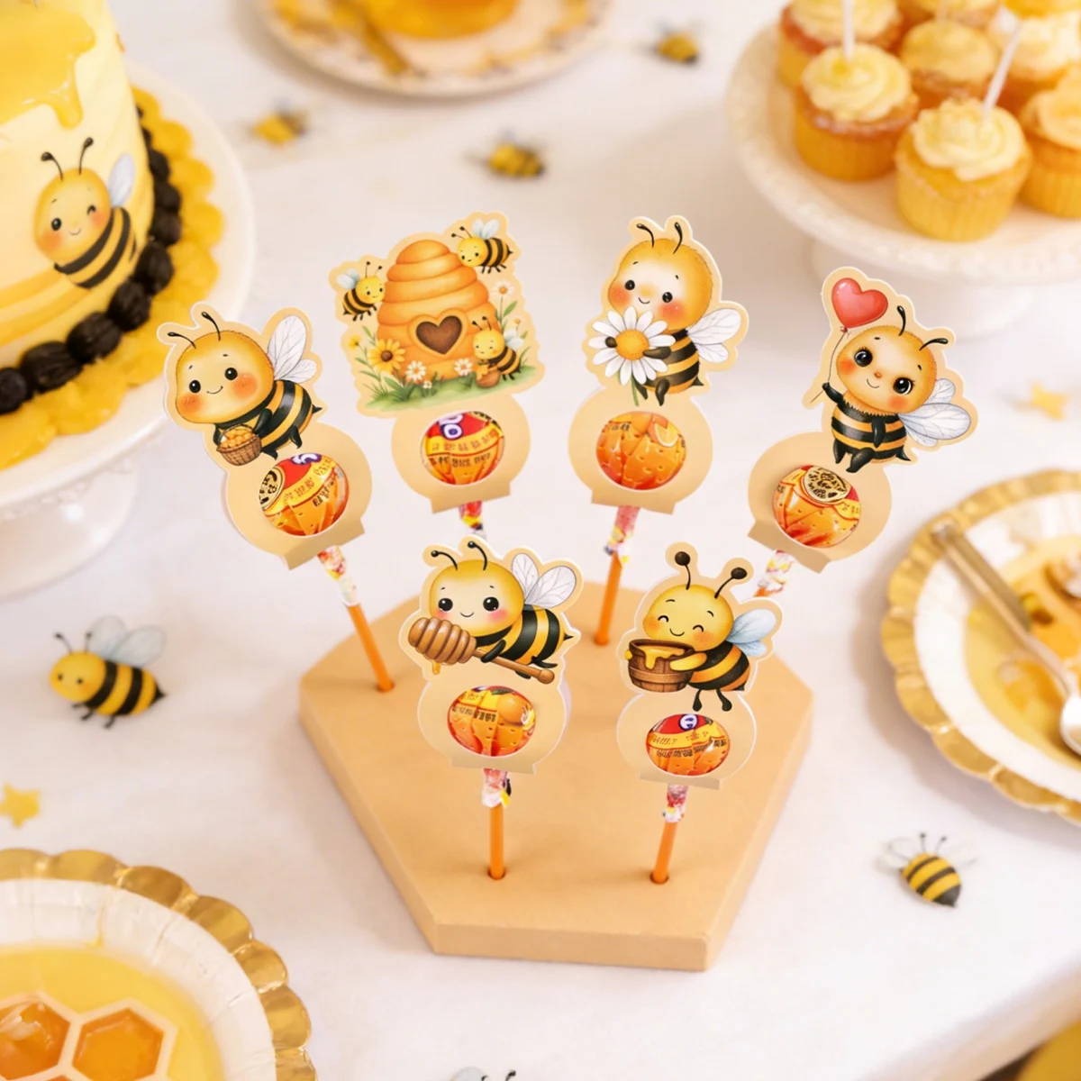 24 Stück Cartoon-Bienen-Lollipop-Papierhalter, gemischte 6 Stile, Lollipop-Dekorationskarten für Erstgeburtstagsfeiern – Detail 3
