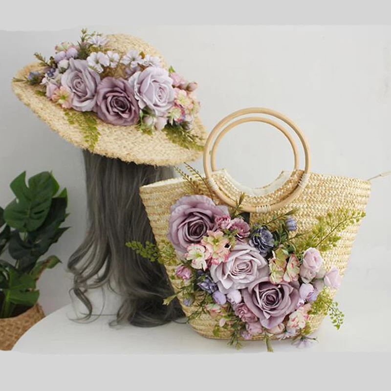 Bolsos de con flores para mujer, bolsos informales de playa, sombrero de rafia, tejido a mano, mango de madera, 4 colores| | - AliExpress