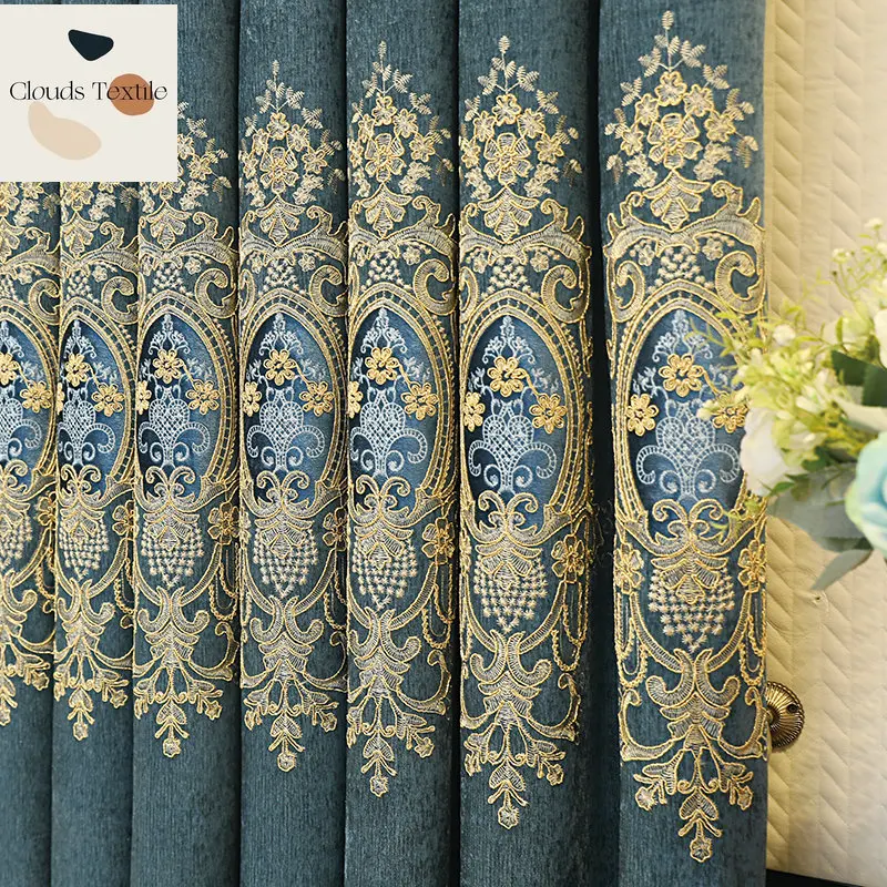 

European-style curtains high-end atmospheric villa living room study chenille embroidery curtain cloth blue new product