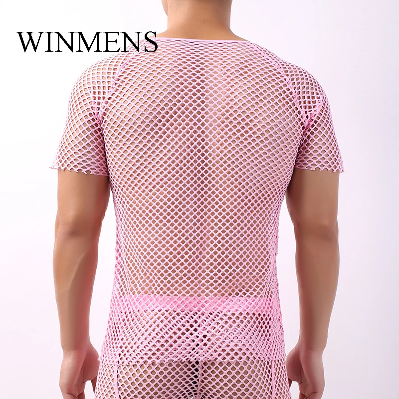 Men's See Through Large-mesh Undershirts Solid Cut-outs Super Stretch Short Sleeves Tops Gay Sissy Sexy Fishnet Base Shirts