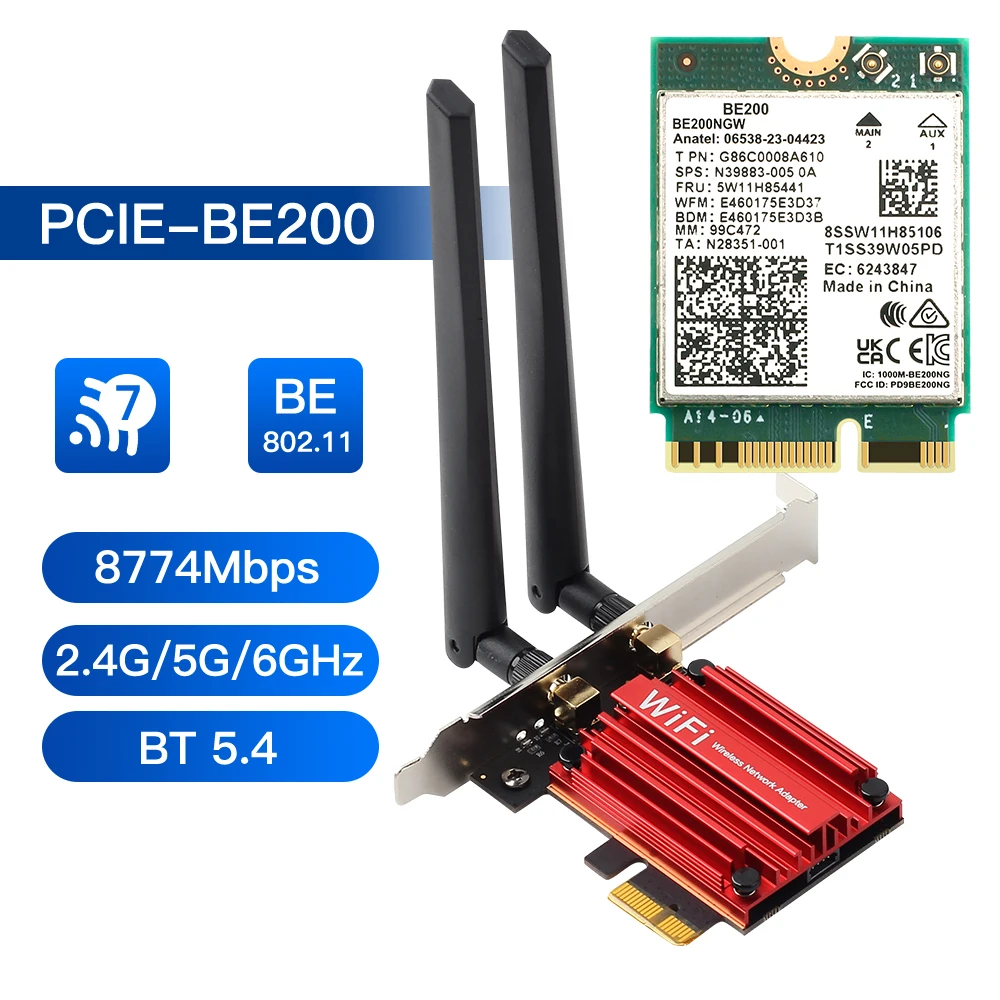 Adaptador Wifi Pcie para Intel Placa de Rede sem Fio pc para Jogos Be200 Wifi 8774mbps Bluetooth 5.4 2.4g 5g 6ghz Win10 Win11