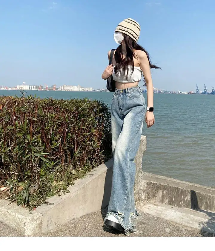 Feiernan Tassel High Street Women Straight Pants Denim Bottoms Floor-length Trousers Distressed Causal Baggy High Waisted Jeans slim fit