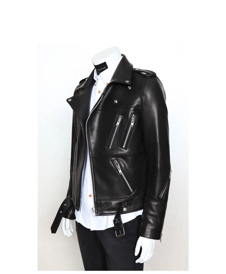 Description Picture 6 of itemSpring Autumn Cool Black Soft Faux Leather Jacket Men with Many Zippers Long Sleeve Belt Plus Size Outerwear