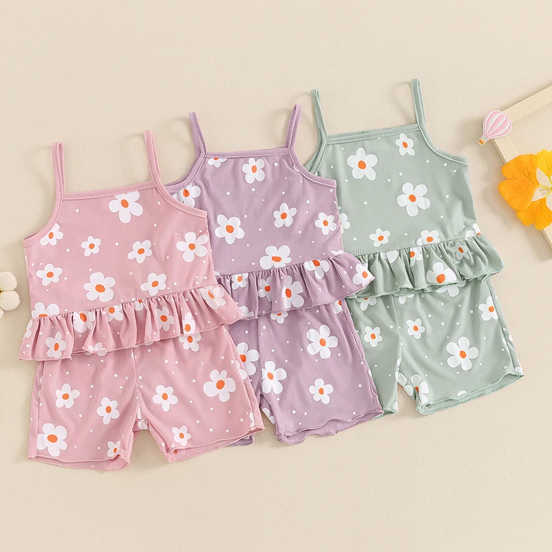 

0-3Y Toddler Girl Summer Outfit Clothing Sets Flower Print Cami Tops Sleeveless Tank Tops Elastic Waist Shorts 2pcs Beachwear