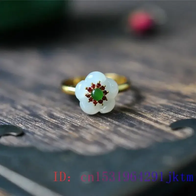 White Jade Flower Rings Real Charm Jewelry 925 Silver Adjustable Ring Women Carved Natural Charms Gift Amulet Talismans