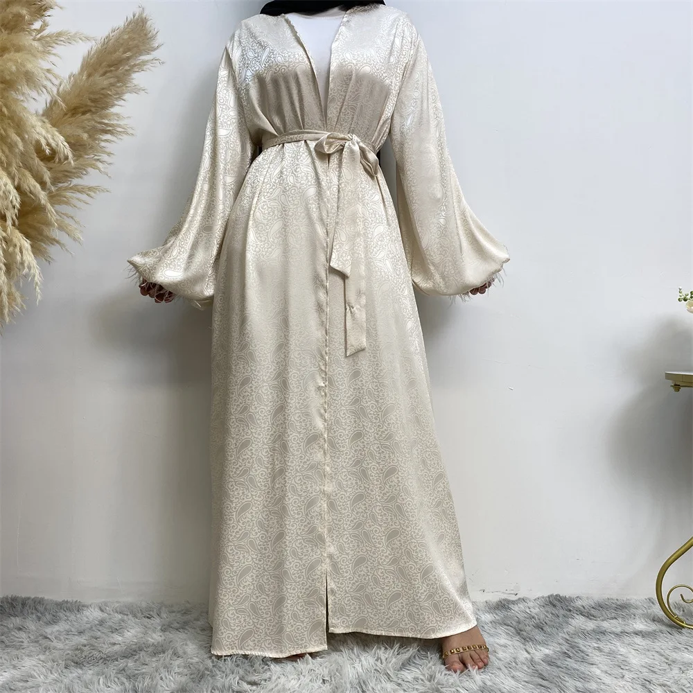 

Модный простой женский атласный кардиган Среднего Востока с длинным рукавом и принтом в виде перьев, свободный халат на шнуровке, турецкое мусульманское платье, элегантное платье