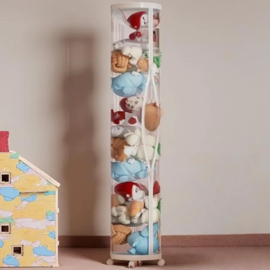 Large Stuffed Animal Storage Tube with Wheels 59''×11''Toy Organizer with Double Zipper Clear PET Cylinder Container for Plush