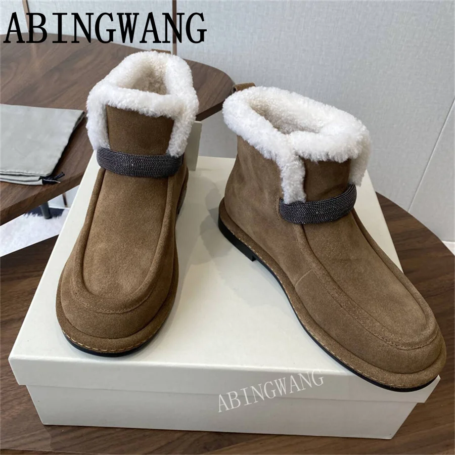 High Quality Winter Suede Leather Inside Fur Flats Heels Ankle Boots Slip On Round Toe Casual Snow Boots Winter Warm Shoes 1