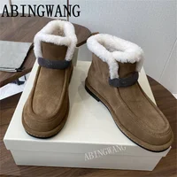 High Quality Winter Suede Leather Inside Fur Flats Heels Ankle Boots Slip On Round Toe Casual Snow Boots Winter Warm Shoes 1
