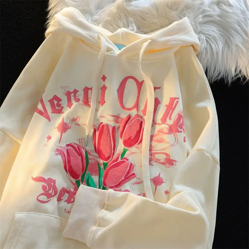 

Spring Autumn Sweet Tulip Milk Apricot Sweatshirt Y2k Hoodie Women Lazy Couple Tops Harajuku Fashion Casual Loose Preppy Coat