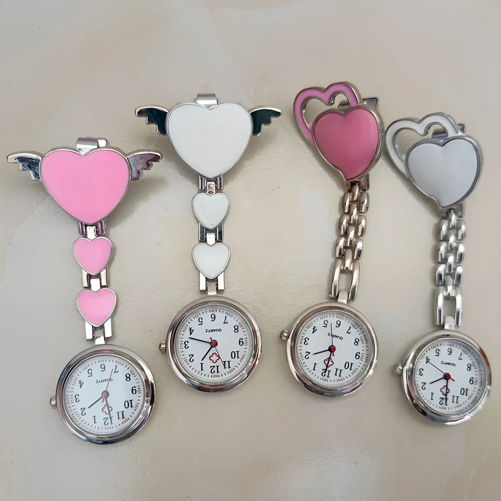 Hospital Medical Worker Female Women Nurse Doctor Love Heart Pattern Simple Clip Alloy Quartz Hang Pocket Watches Gift
