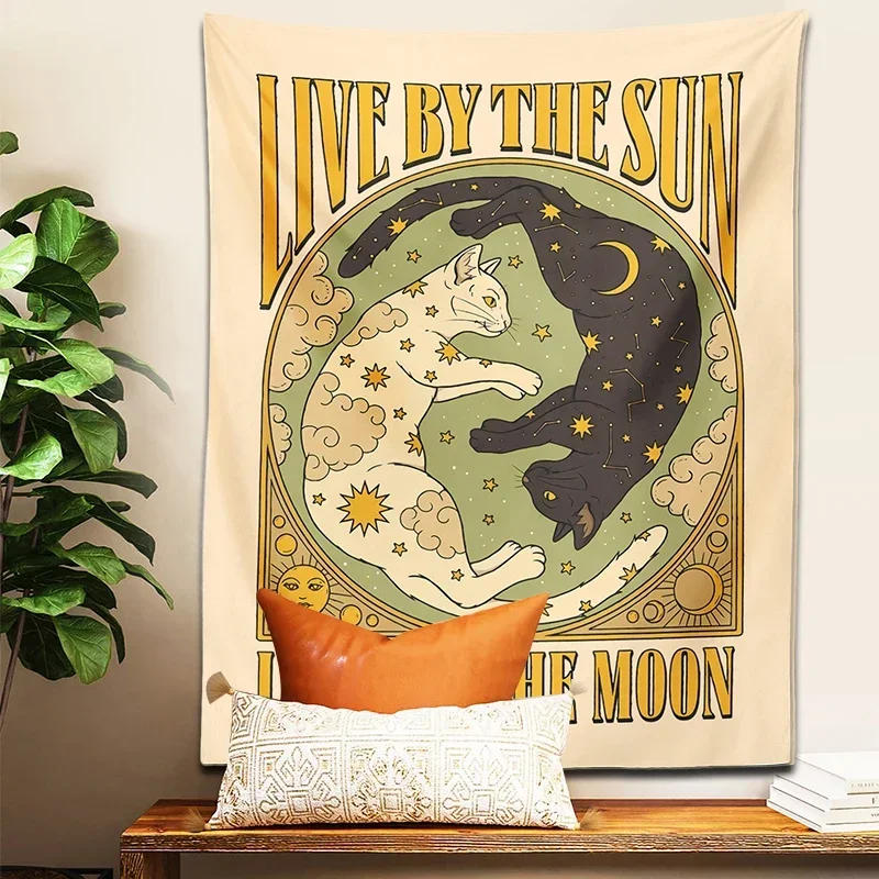 Description Picture 5 of itemSun Moon Cat Tapestry Wall Hanging Tarot Retro Black White Cat Psychedelic Love Star for Living Room Home Dorm Decor Cloth Gift
