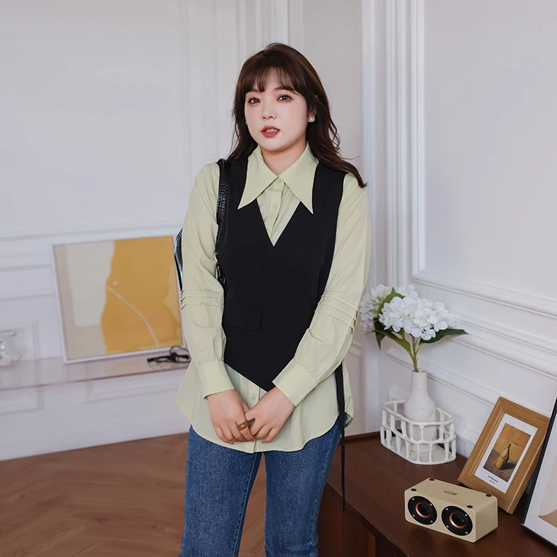 플러스 사이즈 여성 의류 2023 봄 새로운 연령 감소 세트 지방 mm 겹침 착용 조끼 옷깃 셔츠 슬리밍 배 커버 투 피스 세트