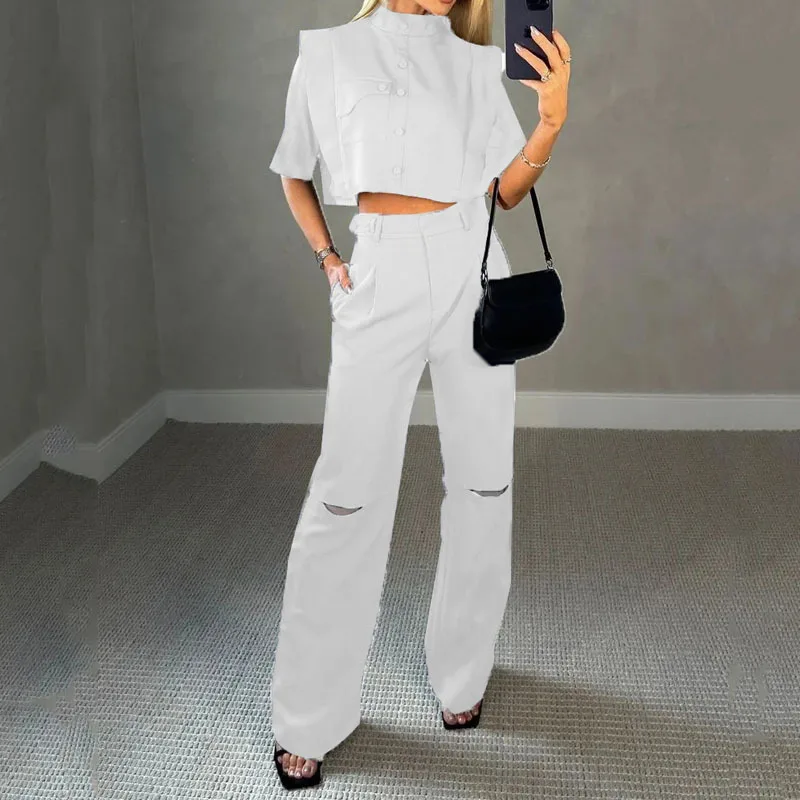

Women's Pants Set 2023 New Fashion Elegant Casual Solid Color Short Sleeve Top Perforated Wide Leg Pants Summer Suit Work Office