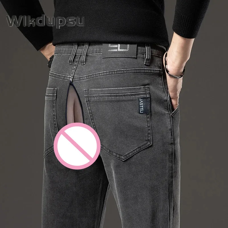 

Men Classic Stretch Cotton Straight Denim Jeans Business Casual Male Trousers Open Crotch Zipper Office Pants Outdoor Sexy Wear