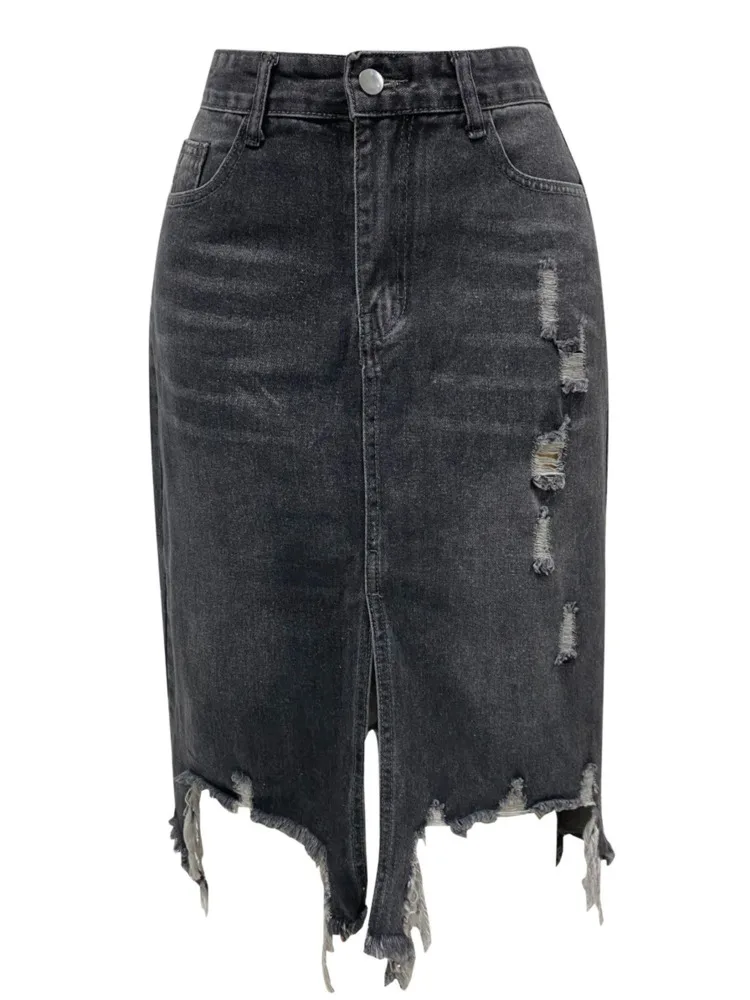 

New In 2024 Denim Long Skirt Spring Summer Women's High Waisted A-Line Midi Skirt Korean Fashion Bodycon Hole Jean Skirt