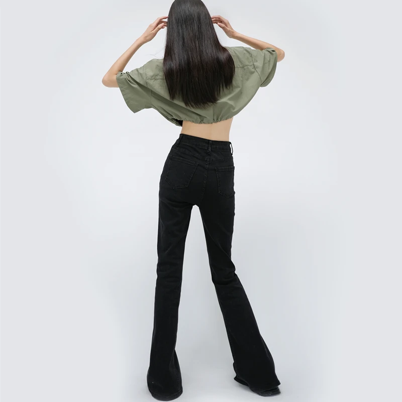 XS-XXL Size High Waist Women Elastic Flare Jeans Slim Strecth Denim Pants Lengthened Vintage Full Length Casual Trousers Baggy