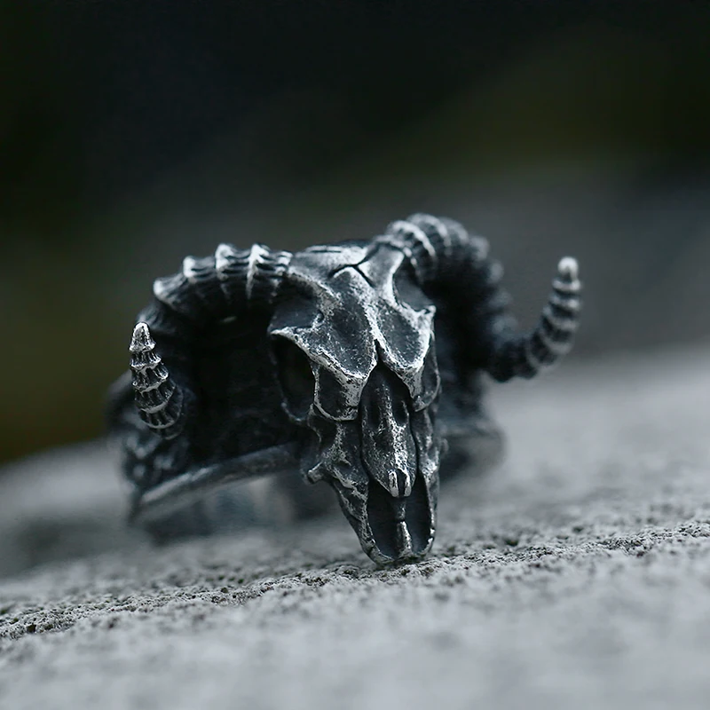 Stainless Steel Ring Finger Ring Opening Ring Beier 316L Stainless Steel Nose Viking Ancient Dish Sheep Head Skull Man Ring Vintage Opening Animal Jewelry BR8-042
