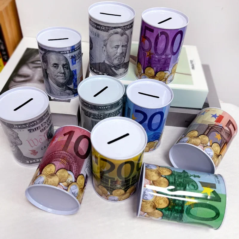 Money Box Home Decoration Money Boxes Creative Tinplate Cylinder Piggy Bank Euro Dollar Picture Box Household Saving 3