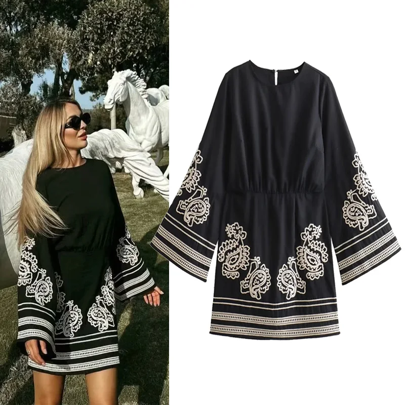 

TRAF 2024 Women's Mini Dress Vintage Embroidery Round Neck Elastic Waist Short Dresses Autumn Female Elegant Long Sleeve Dresses