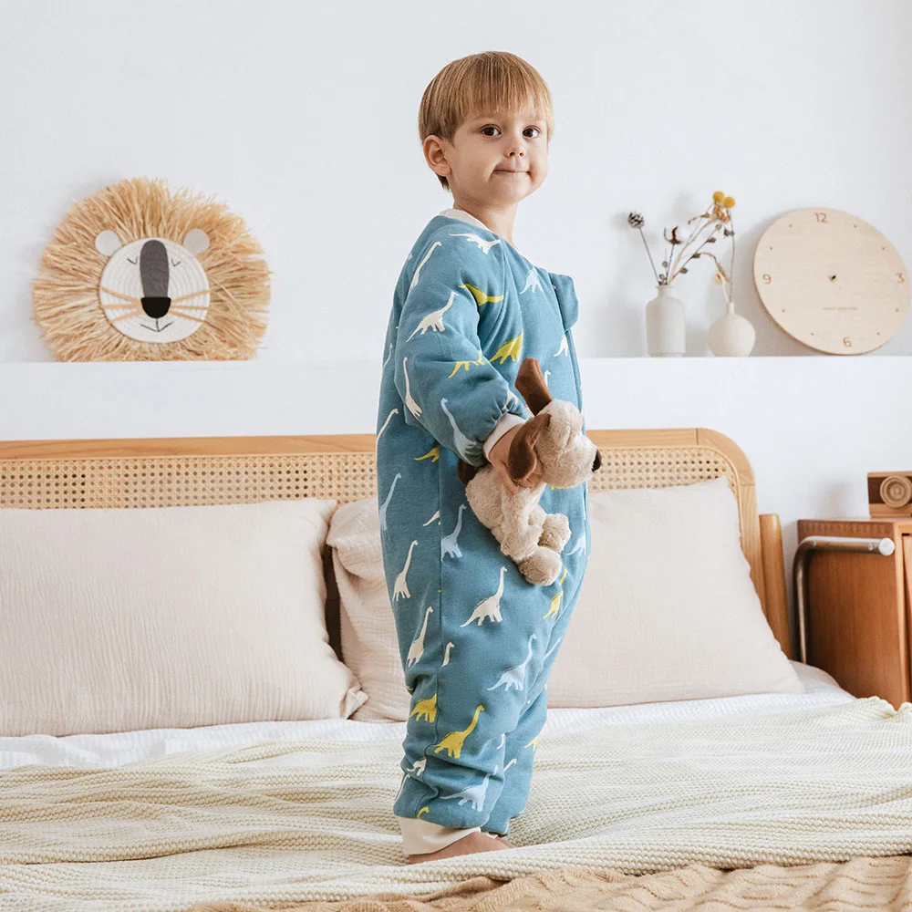Kids Pajamas Winter Warm Sleepwear For 1-4 Years Boys Girls Split Legs One-Piece Jumpsuit Dinosaur Print Thicker Loungewear