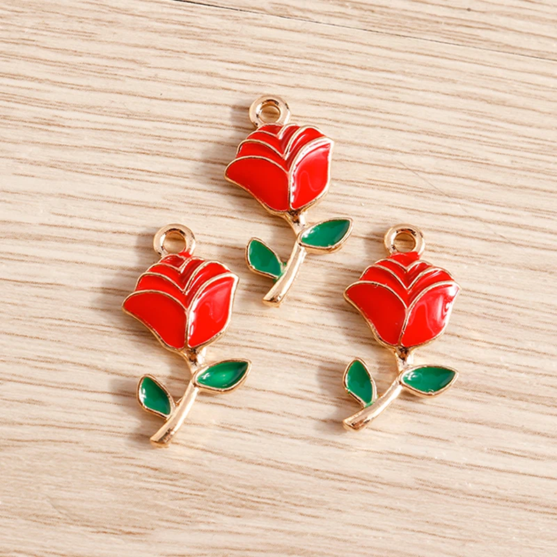 Tusember 10 Stück rote Emaille-Blumenanhänger aus Legierung, Rosenblüten-Anhänger für DIY-Armbänder, Halsketten, Ohrringe, Schmuckherstellung, Zubehör – Detail 7