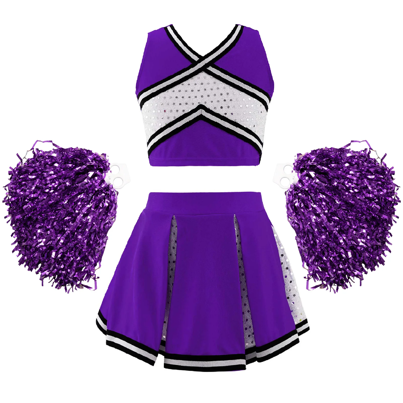 Kids Girls Cheerleading Uniform Dance Costume Striped Front V Neckline Top with Pleated Skirt and 2Pcs Flower Balls children cheerleading costumes