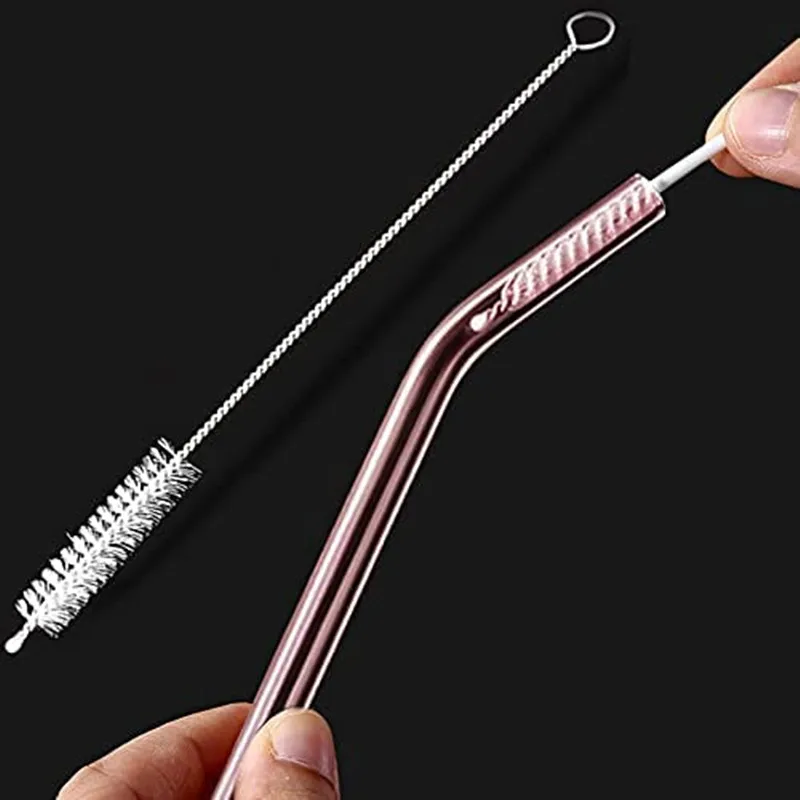 Pink Bent Glass Straw Set - 10 Reusable Straws with Cleaning Brush