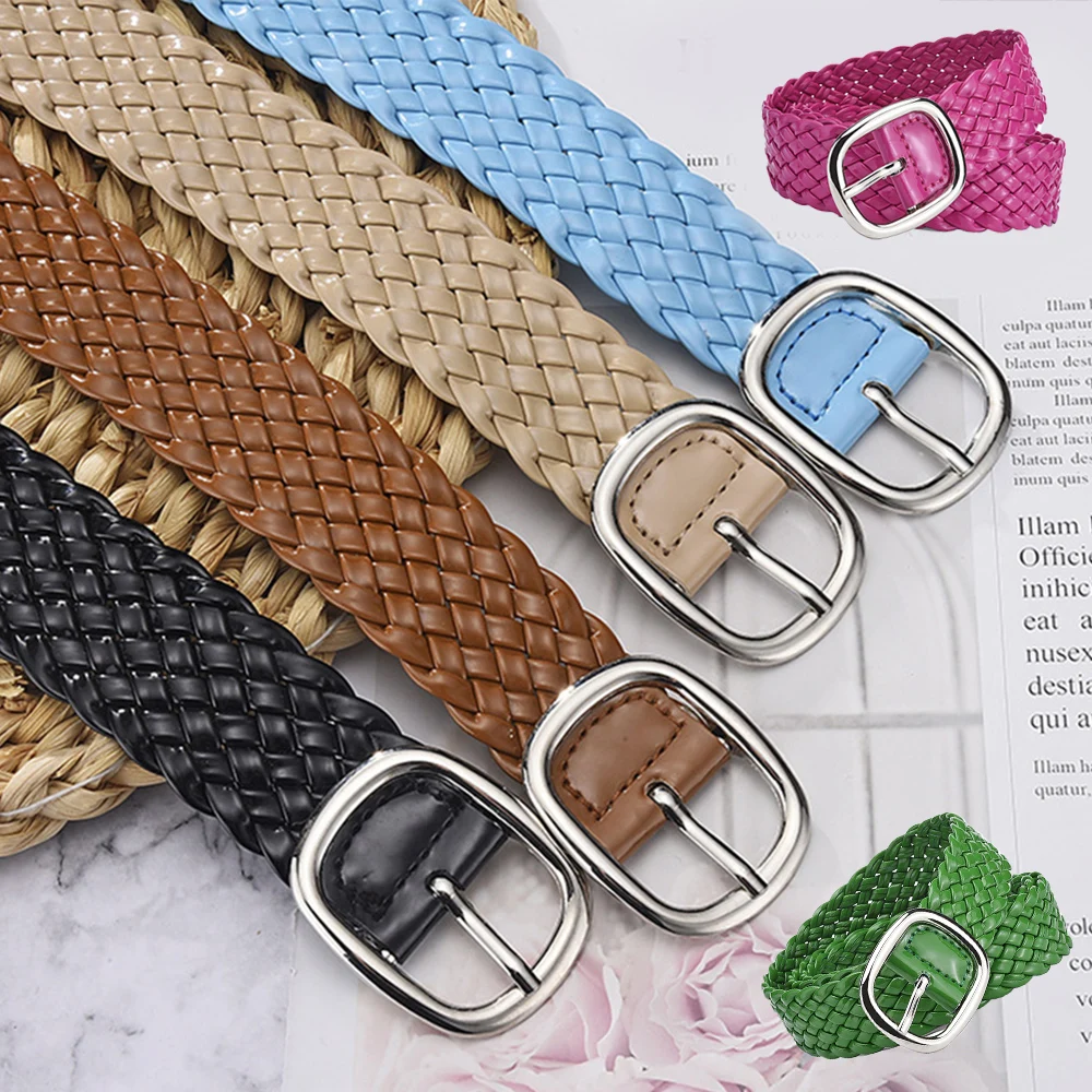 

Women Straw Knitted Belts Solid Color PU Leather Braided Decorative Thin Waist Belt Round Gold Pin Buckle Jeans Dress Waistband