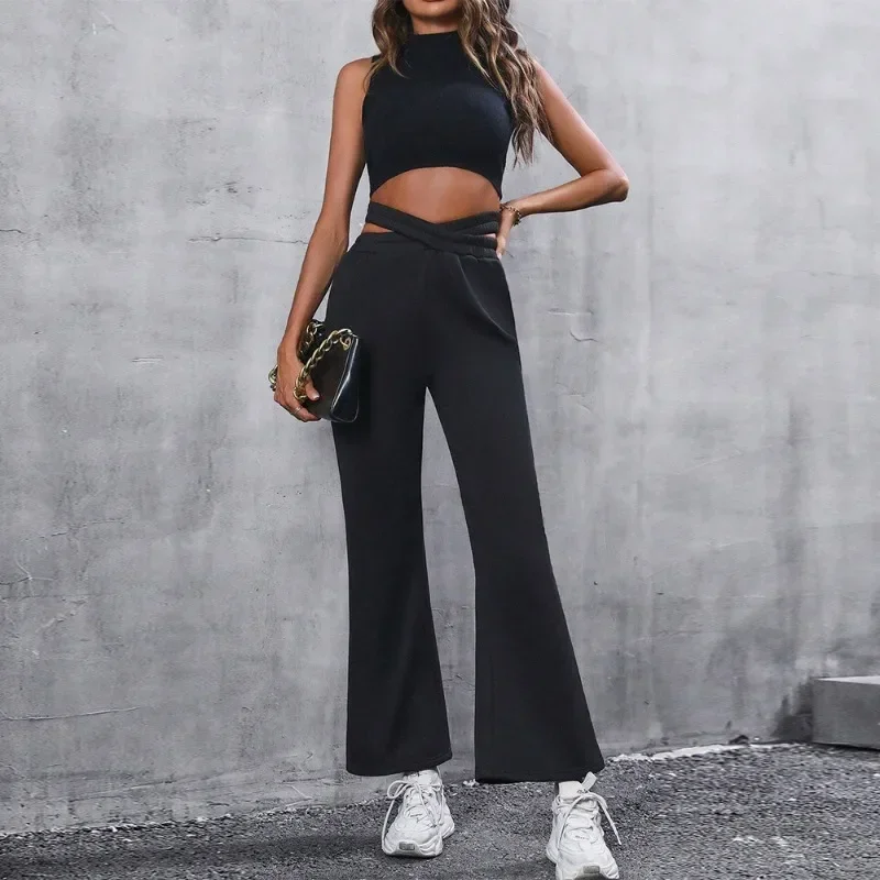 Fashion Women's Simple Slim Sports Hollow Out Waist Flared Pant Female Clothes Temperament Commuting Women Casual Trousers YSQ44