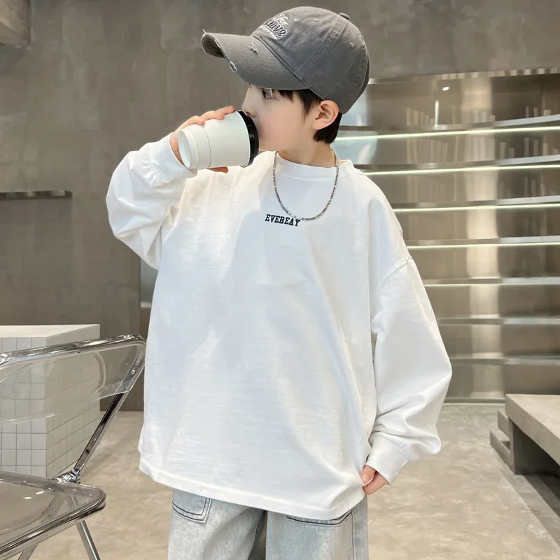 Boys' Casual Fashionable Long Sleeve Loose T-Shirt Overhead Trendy Solid Color Middle And Large Children's Clothing