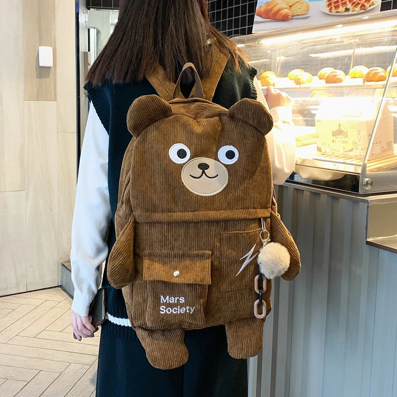 Japanese Corduroy Bear Backpacks for Cute Women Multi-pockets School Bags Large Capacity Backpack Teenger Girls Schoolbag Female stylish eco friendly backpacks
