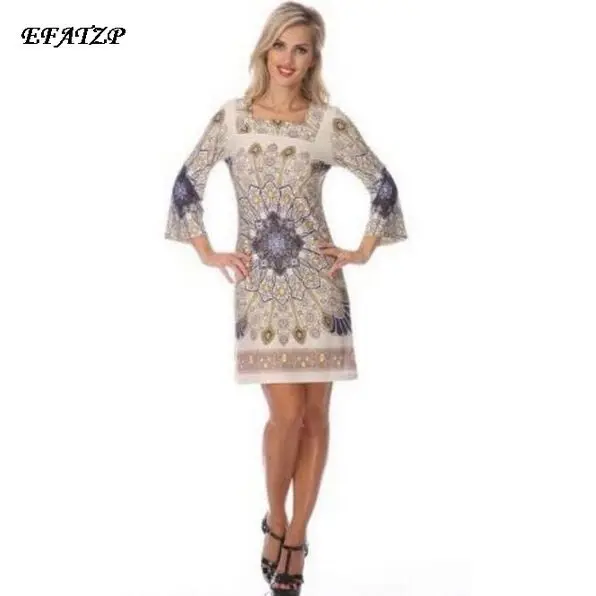 

EFATZP Spring Runway Designer Dress Women's 3/4 Sleeves Bohemian Print Plus Size XXL Straight Jersey Silk Dress