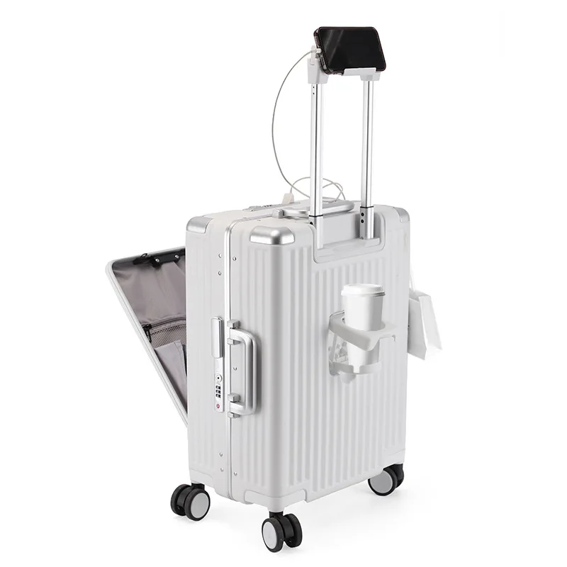 Rechargeable laptop bag   Business Trip  Roller trolley box Universal Wheel Aluminium Frame Luggage With cup holder Suitcases