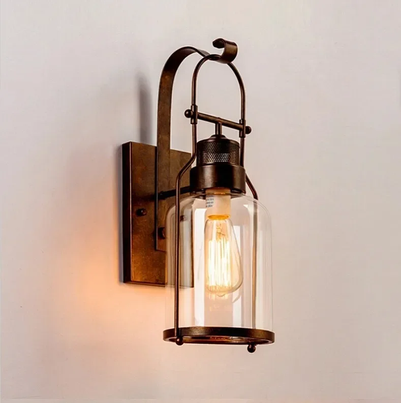 

Loft Retro Iron Garden Yard Waterproof Wall Lamp Outdoor Light Bedroom Aisle Restaurant Lamp Cafe Light Balcony Glass Sconce