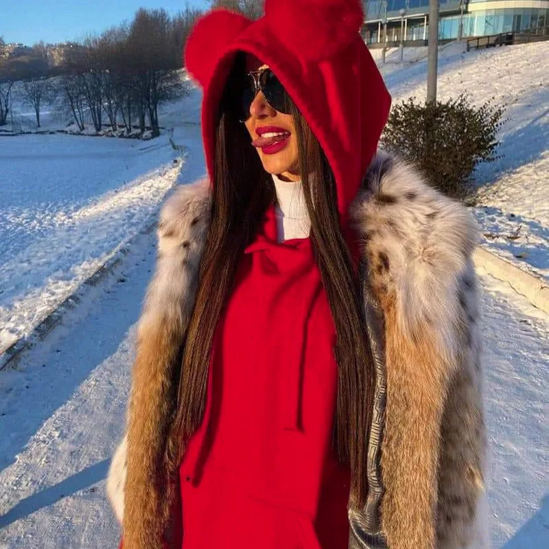  European and American Women's Autumn and Winter New Fashion Solid Color Wild Cute Plush Ears Hooded Long-sleeved Sweater
