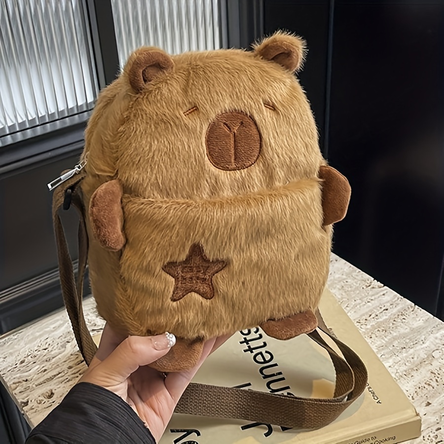 Adorable Fuzzy Capybara Crossbody Bag, Soft Plush Casual Shoulder Purse with Adjustable Strap, Daily Commute Bag for Women