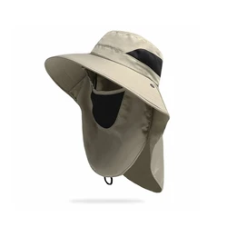 Men's Wide Brim UV Protective Summer Fishing and Climbing Hat with Detachable Face Mask (Khaki)