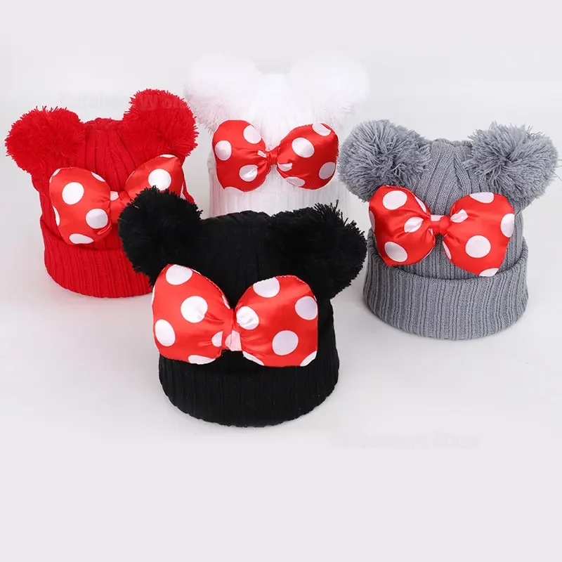 Disney Minnie Mouse Bow Knitted Hat for Boys Girls Winter Bonnet Hats Children's Cartoon Mickey Beanie Cap Kids Caps with Pompom