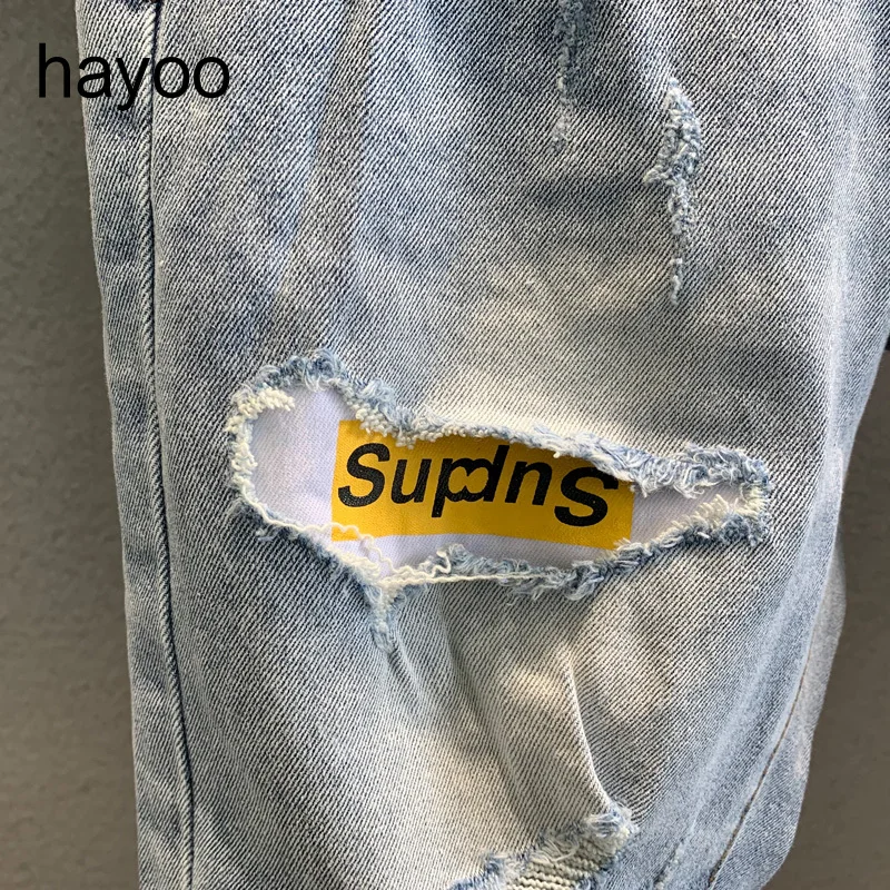 Light blue ripped denim shorts men's summer thin slim Korean style trendy men's cropped pants