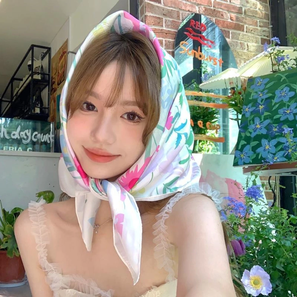 

2024 Spring Summer New Hair Scarf For Women Korean Sweet Cute Floral Decorative Silk Scarves Ponytail Holder Hair Accessories