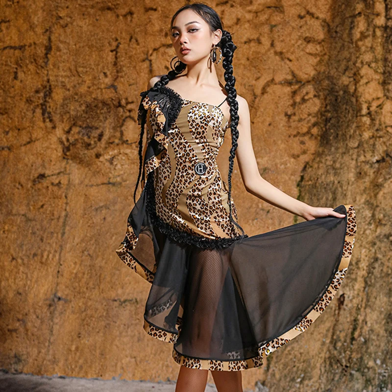 

New Latin Dance Dress For Women Leopard Print Sexy Backless Suspender Latin Dance Performance Dress Competition Clothes DN14230