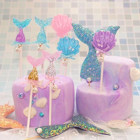 

Shiny Ocean Ice Cream Theme Happy Birthday Party Supplies Beauty Cake Topper Decorations Kids Cupcake Glittering Mermaid Shells